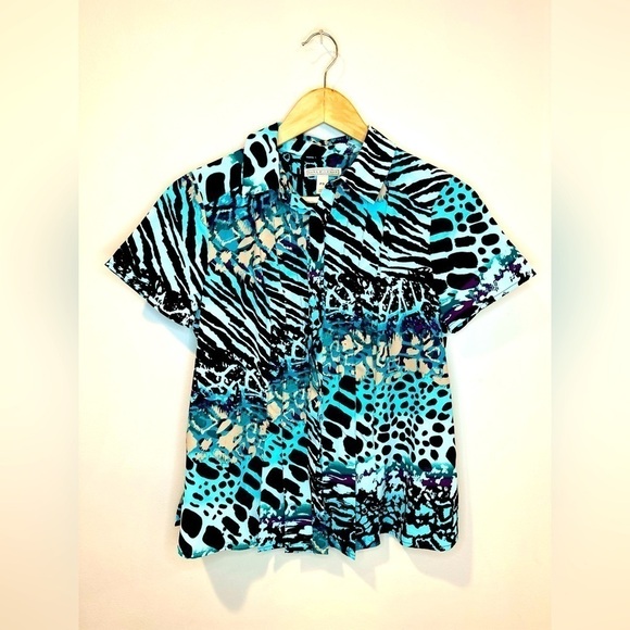 Dana Buchman Black & Blue Floral Tiger Leopard Print Button Down Blouse Shirt PS - Picture 1 of 7